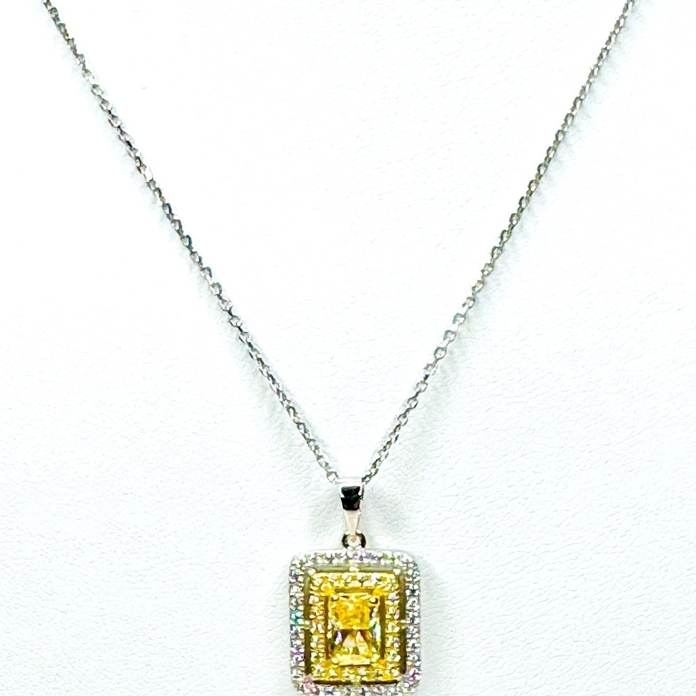 Sterling  Silver and Yellow Canary Stone Necklace Surrounded with CZ. Beautiful